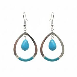 Turquoise Teardrop Dangle Earrings | Silver Tone Hammered Hoop | Bohemian